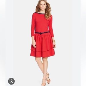 Ralph Lauren NEW Dropped Waist Dress Bistro Red with Navy Trim and Belt   Med